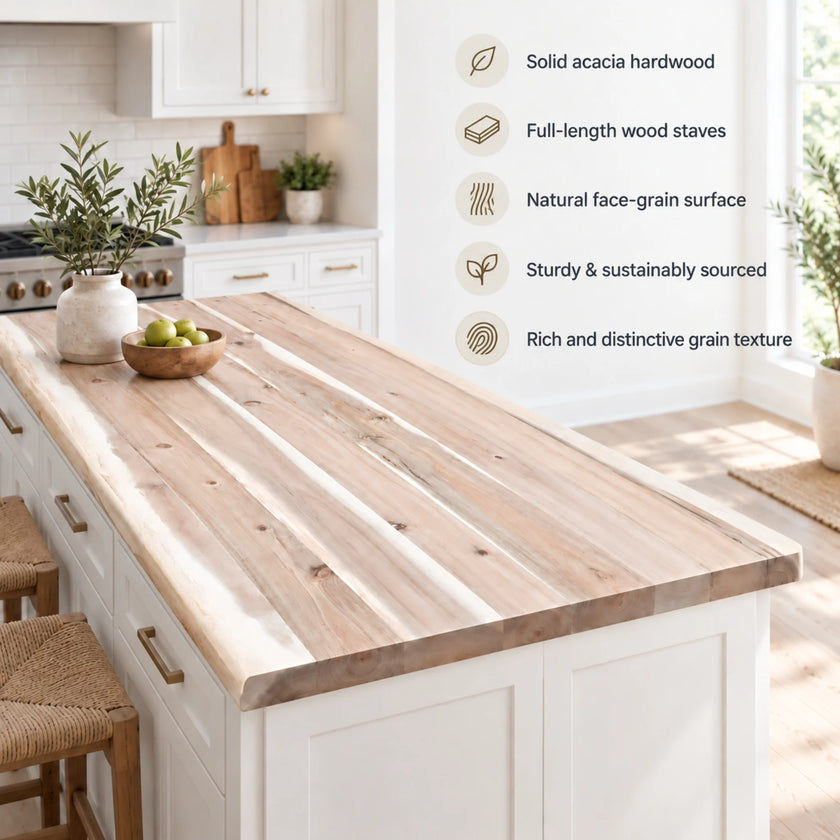 Full-Length Unfinished Acacia Butcher Block Countertops (No Finger Joints)