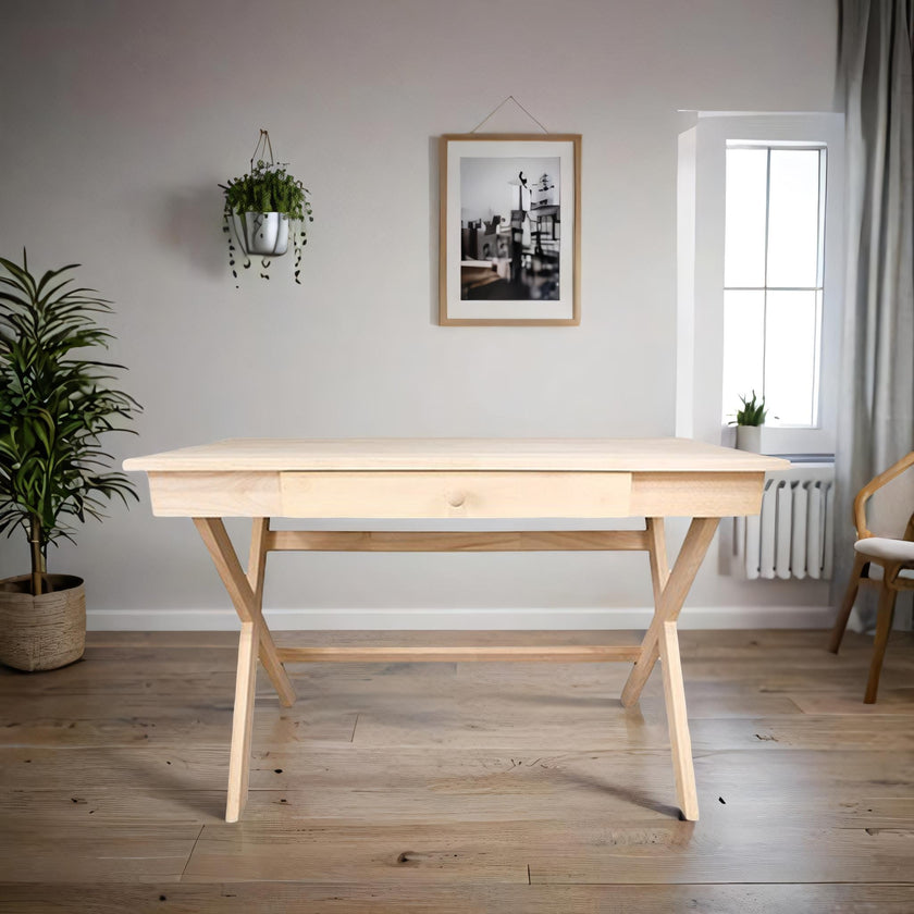 Remo Desk X Leg Design Solid Wood With Drawer - Unfinished